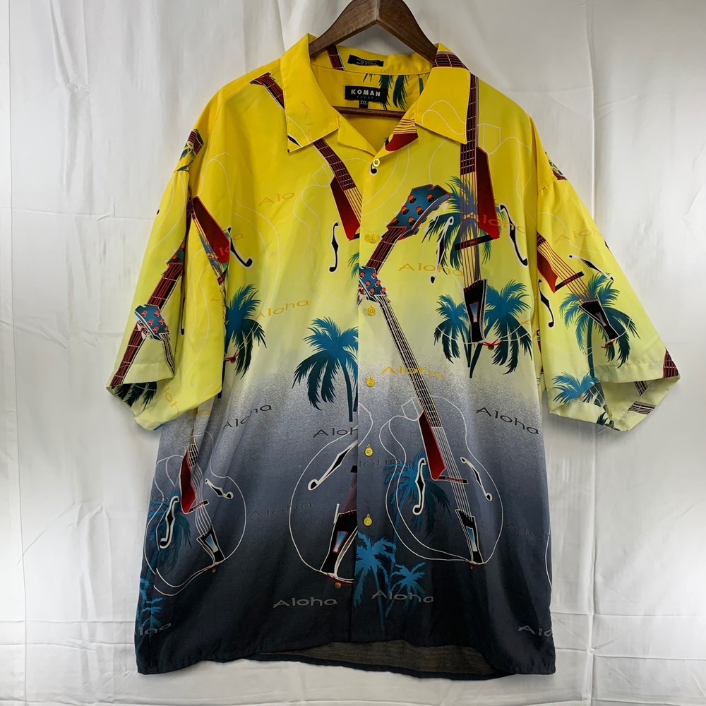 Koman Sport Camp Shirt Mens XXL Yellow Guitar Aloha Tropical‎ Hawaiian
